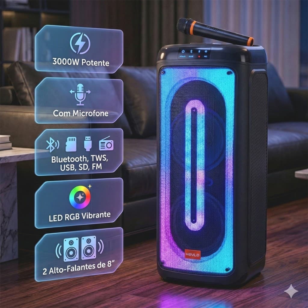 Caixa De Som Torre 3000w Profissional Bluetooth + Microfone Karaokê  Potente Portátil Tws Led Rgb