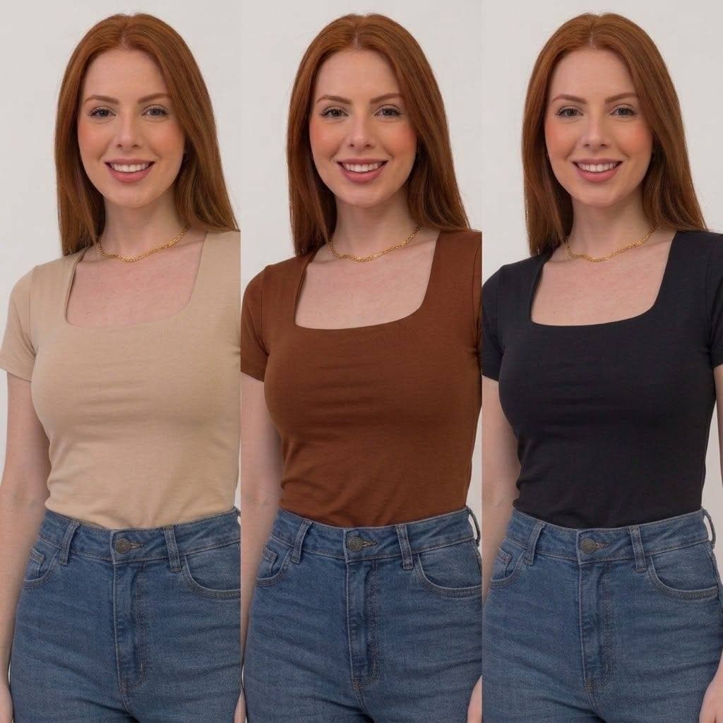 Kit 3 Blusas Feminina Baby Look Suplex Gola Decote Quadrado Manga Curta Casual