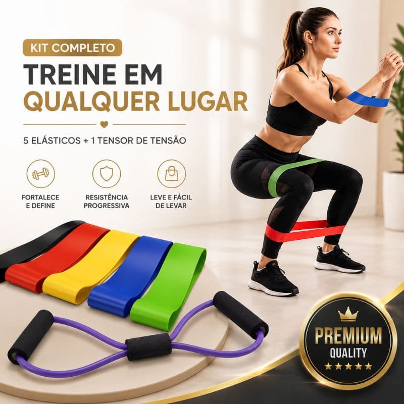 Kit Elástico Exercício 6 Peças 5 Faixas Resistência + Extensor Cross Academia Fisioterapia Yoga