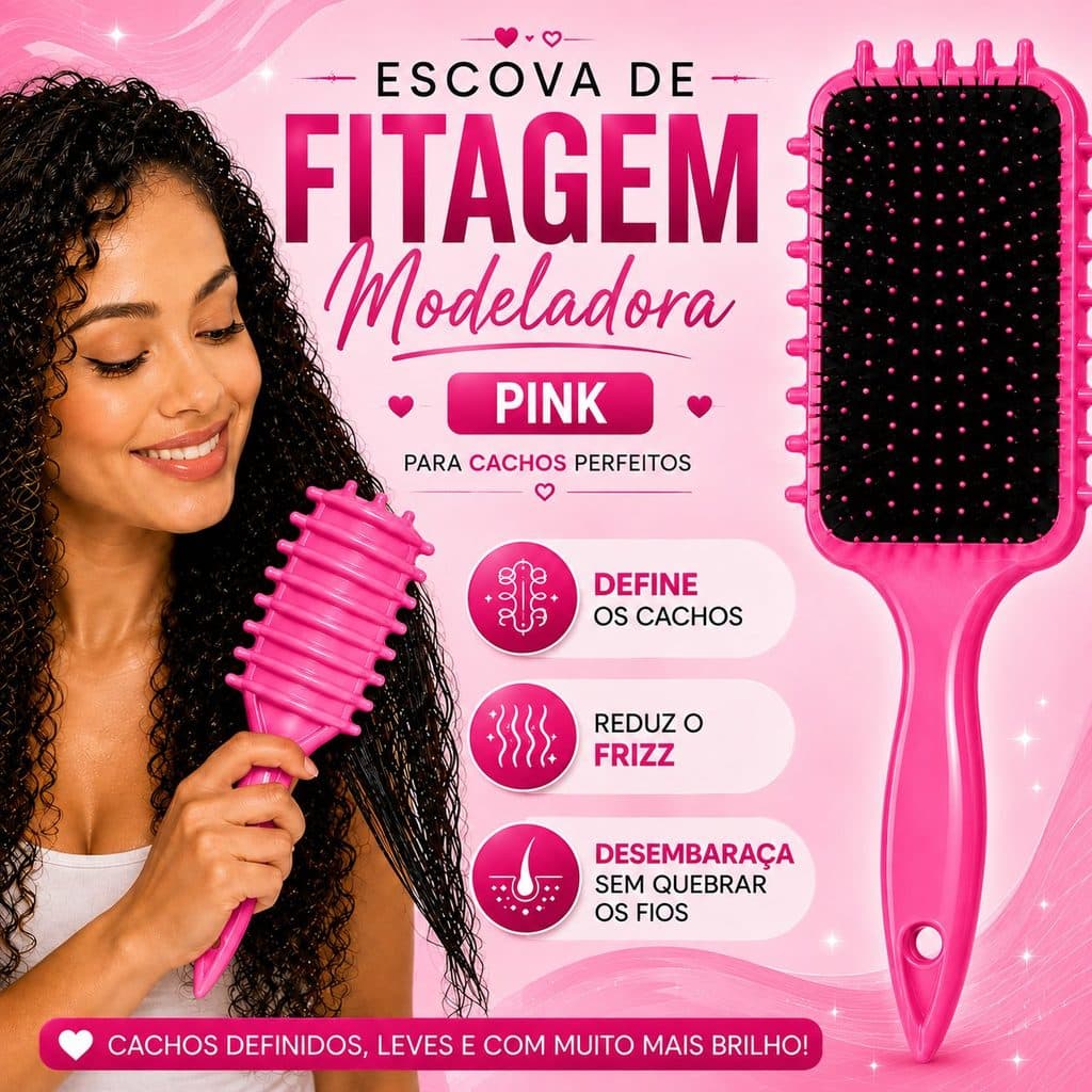 Escova de Fitagem Pink Modeladora Cachos Cacheados Crespos Salão de Beleza Anti Frizz Profissional