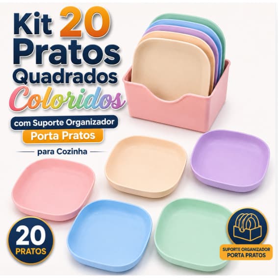 Kit 20 Pratos Quadrados Coloridos com Suporte Organizador Porta Pratos para Cozinha