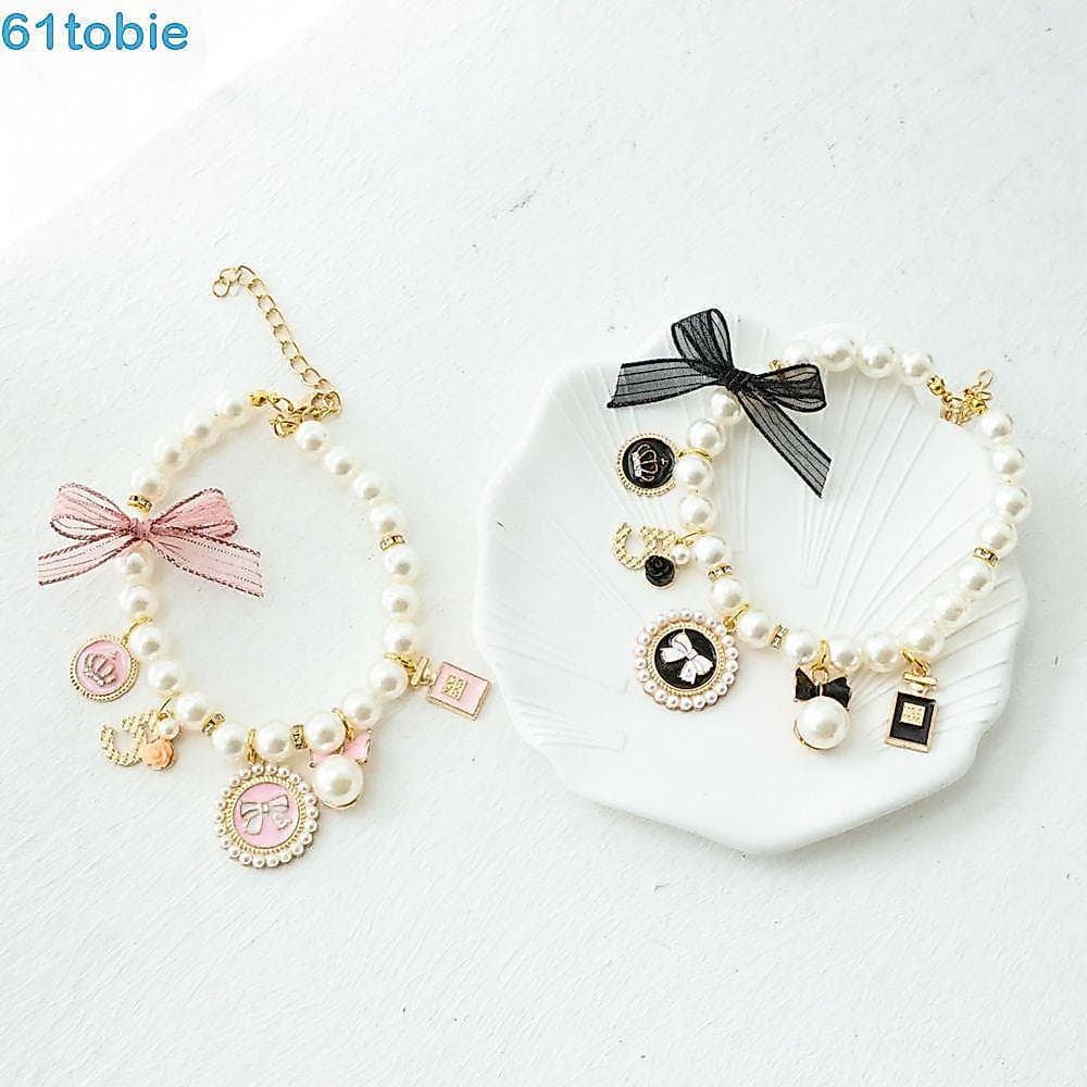 TOBIE Acessórios de Moda para Cães Rosa, Coleira para Cães com Laço de Pérolas e Strass KHND