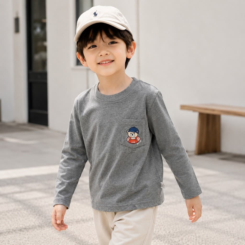 0-10 Anos De Idade Crianças Dos Desenhos Animados Bolso Urso Versátil Camisa De Fundo Primavera Tripulação Pescoço Roupa