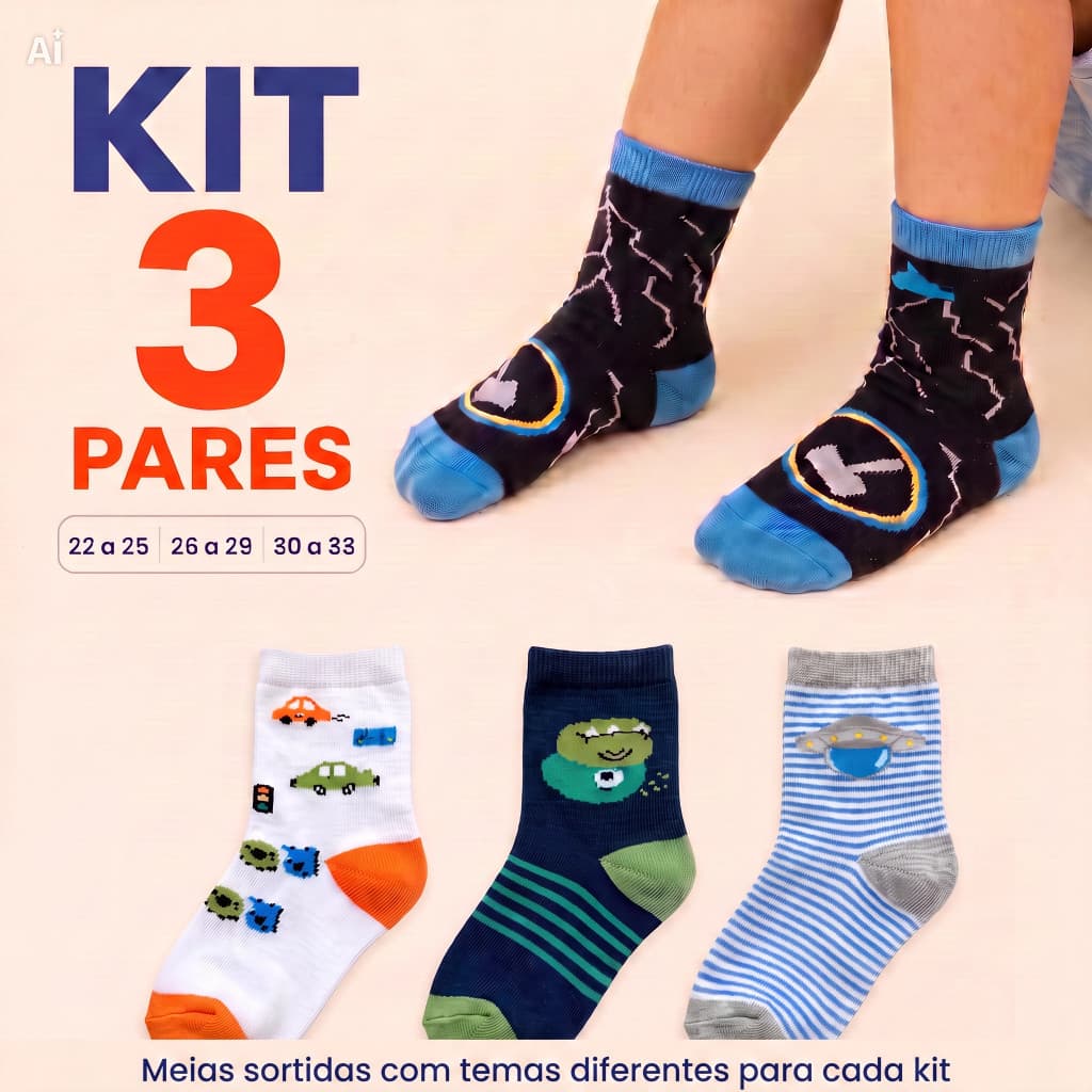 Kit 3 Pares Meias Infantil Menino Coloridas Temas 22 a 33 .