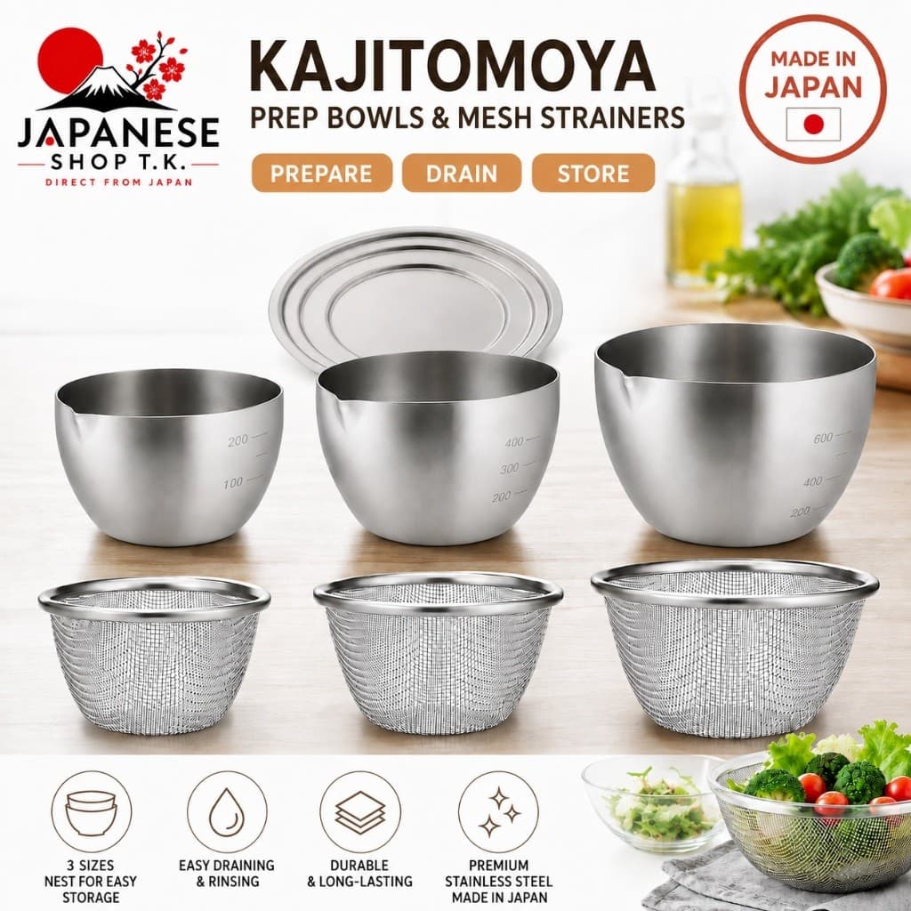 Kajidonya Japanese Stainless Steel Prep Bowl & Strainer & Universal Lid Set | Made in Japan【Direct from Japan】