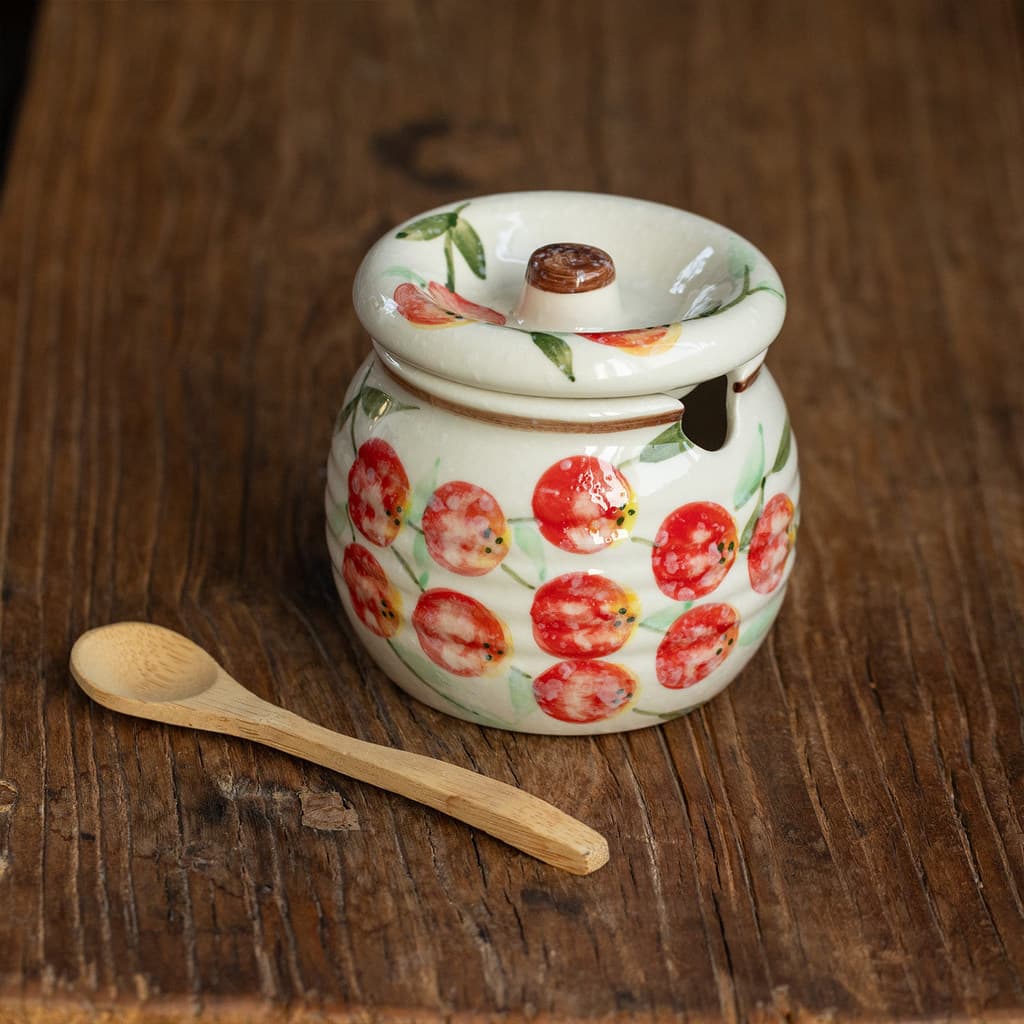 Pote de cerâmica importado da Mino, pintado de vermelho, para temperos, sal, especiarias, pimenta e banha, modelo QTR3.