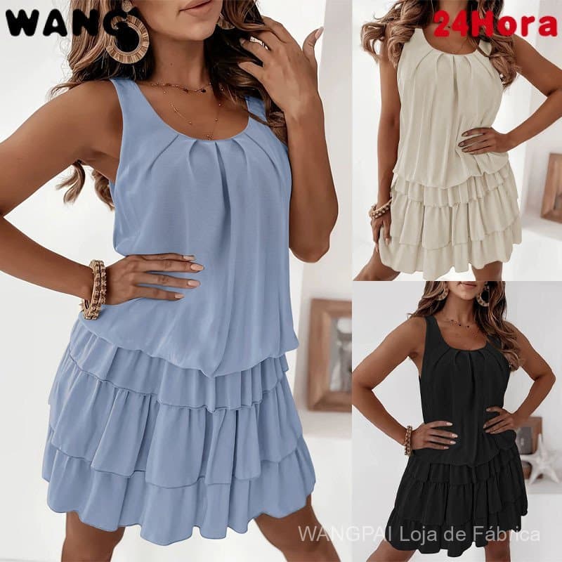 Vestido feminino soltinho, de cor sólida, com decote em U e camadas de babados.