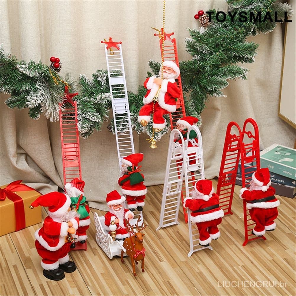 Papai Noel Musical Elétrico com Escada de Natal, Figura Móvel Escalando Corda, Ornamento para Decoração de Árvore de Nat