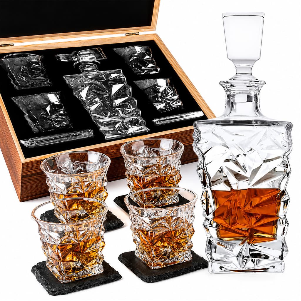 Conjunto de Decanter para Whisky com 4 Copos, Pedras e Caixa de Madeira