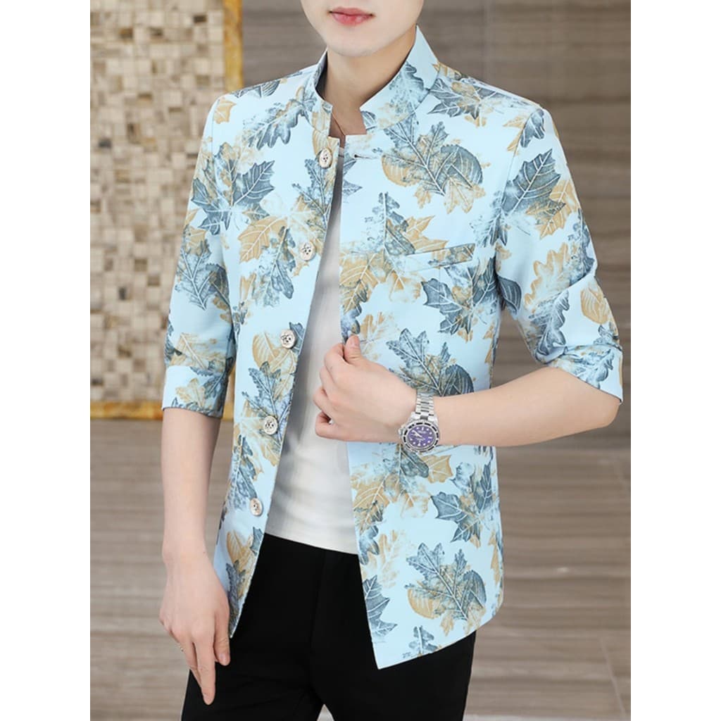 Impresso Street Wear gola alta blusão masculino verão gelo seda fina meia manga pequeno terno jaqueta juventude Casual m