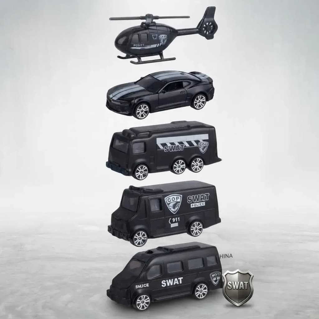 Kit 5 Carrinhos Miniatura Polícia SWAT Veículos Infantis Brinquedo Presente