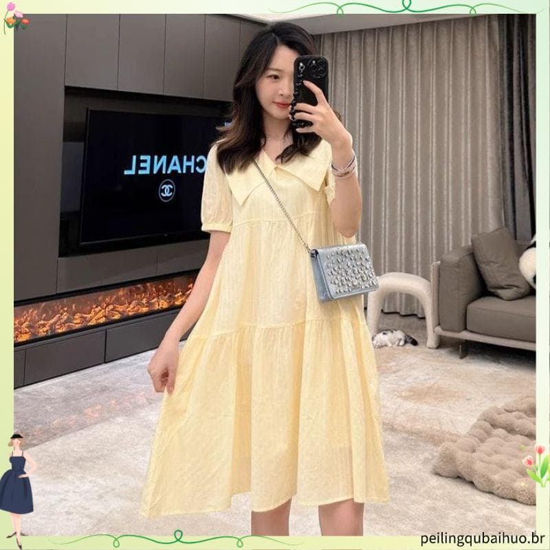 Doce estilo suave Retro vestido amarelo feminino gola de boneca pequena pausa de chá fresco temperamento francês primeir