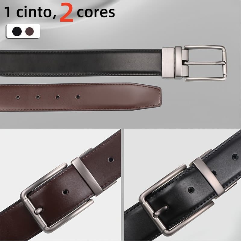 Cinto Social Masculino Elegante Couro Preto Marrom Dupla Face 2 em 1 Fivela Giratória Versátil