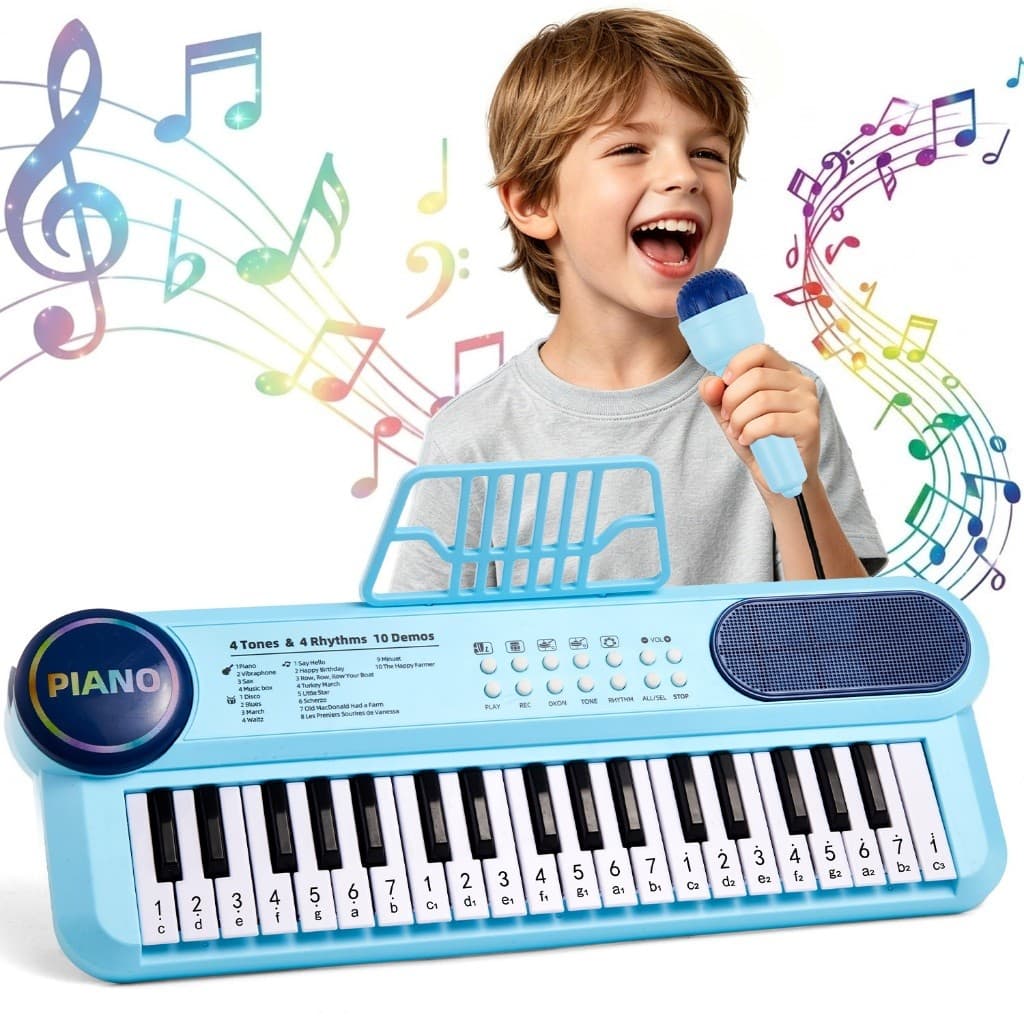 JogoJunto Teclado Infantil Piano Musical 37 Teclas Microfone Karaokê Gravação USB 4 Timbres 4 Ritmos Azul