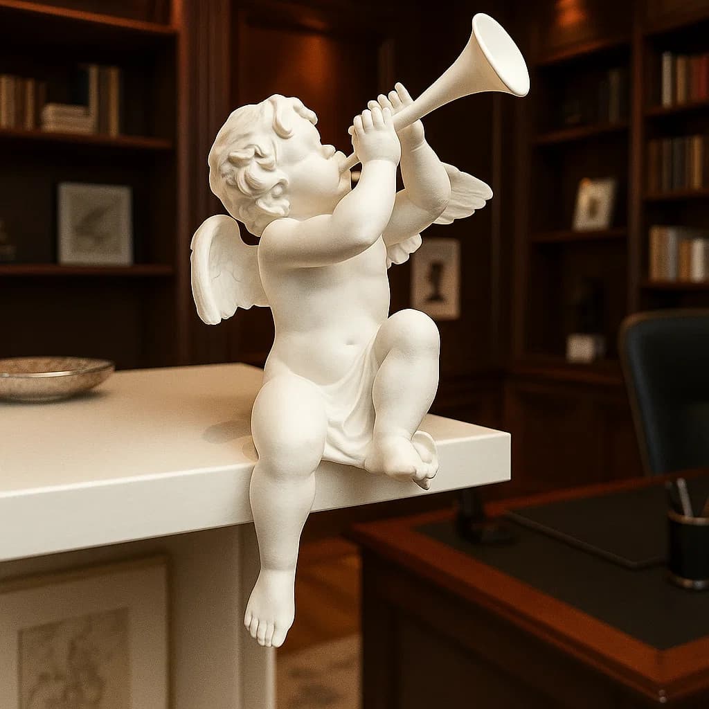 Escultura Anjo Cupido Tocando Trombeta Romântico Religioso Decorativo Clássico Amor Fé Estilo Ambientes Inspiradores Lar