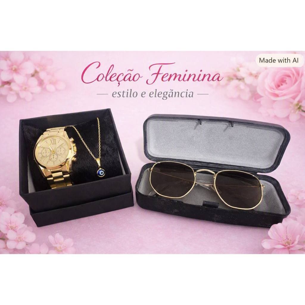 Kit Feminino Relógio +  Colar olho grego + Oculos Sol  + Caixa – Prata ou Dourado - Presente Completo