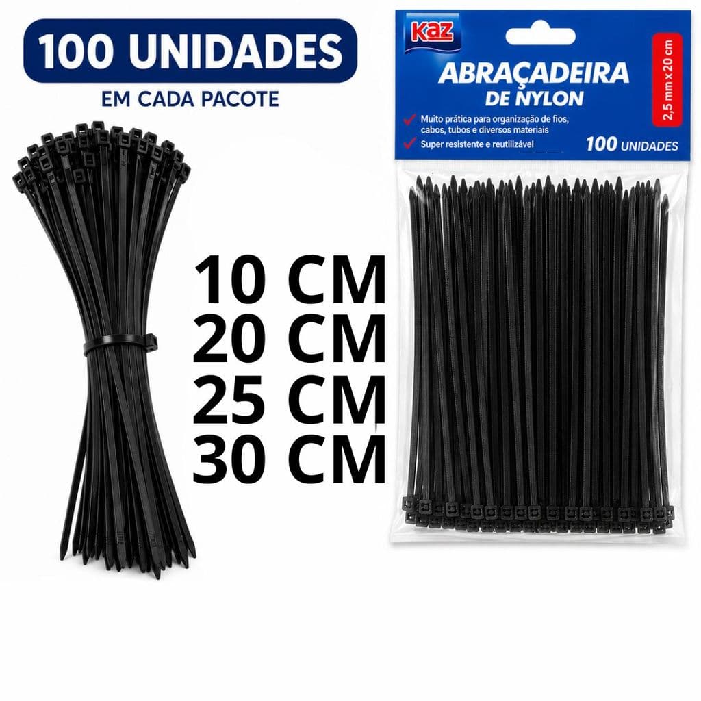 Kit 100 Abraçadeira de Nylon Cinta Plástica Enforca Gato Preto 10cm 20cm 25cm 30cm