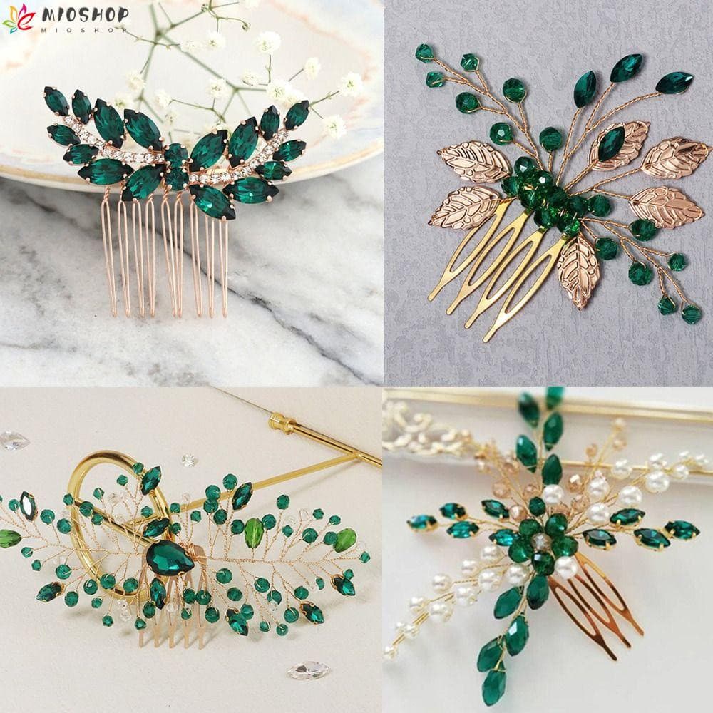 MIOSHOP Pentes De Cristal Para Cabelos Bonitos Ornamentos Pente De Rhinestone Verde