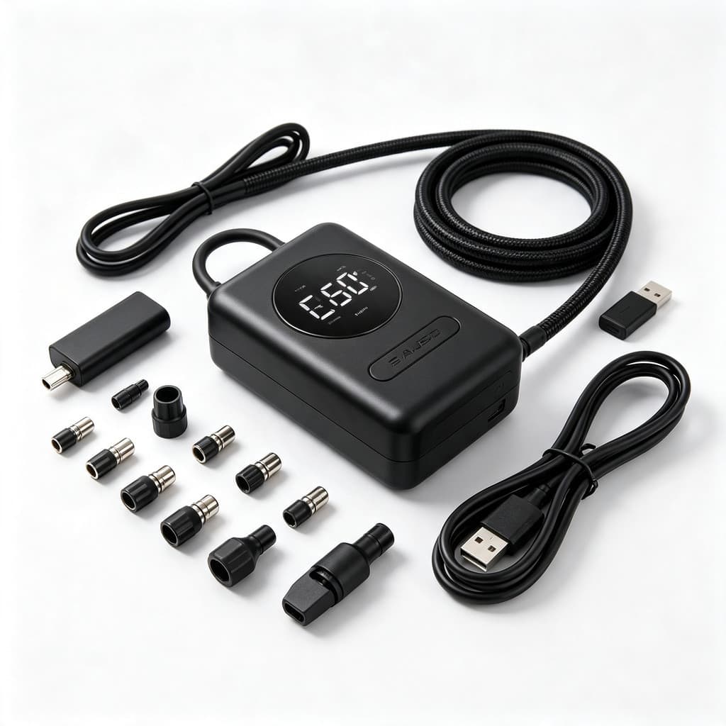 Compressor de Ar Portátil Digital Recarregável, Inflador para Pneus de Carro, Bicicleta e Bola, Vários Adaptadores Inclu