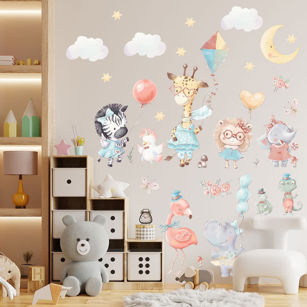 Papel de parede dos desenhos animados Animal parque papel de parede estrela lua nuvem adesivo de parede quarto das crian