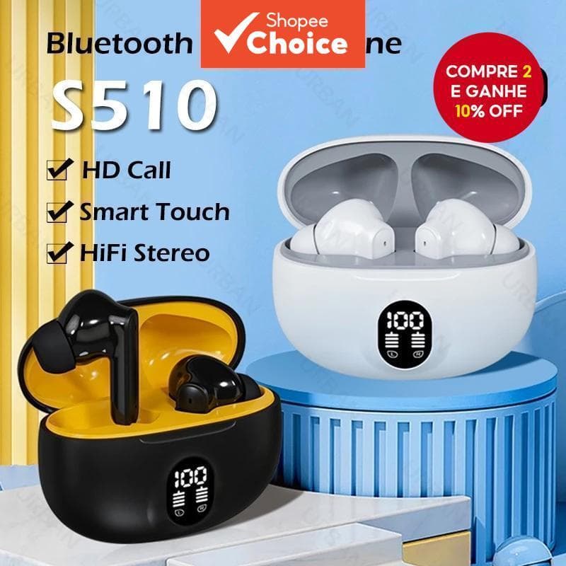 S510 Fones De Ouvido TWS Sem Fio Bluetooth 5.3 LED Power Display ANC HiFi Stereo ENC Cancelamento De Ruído Para iPhone S