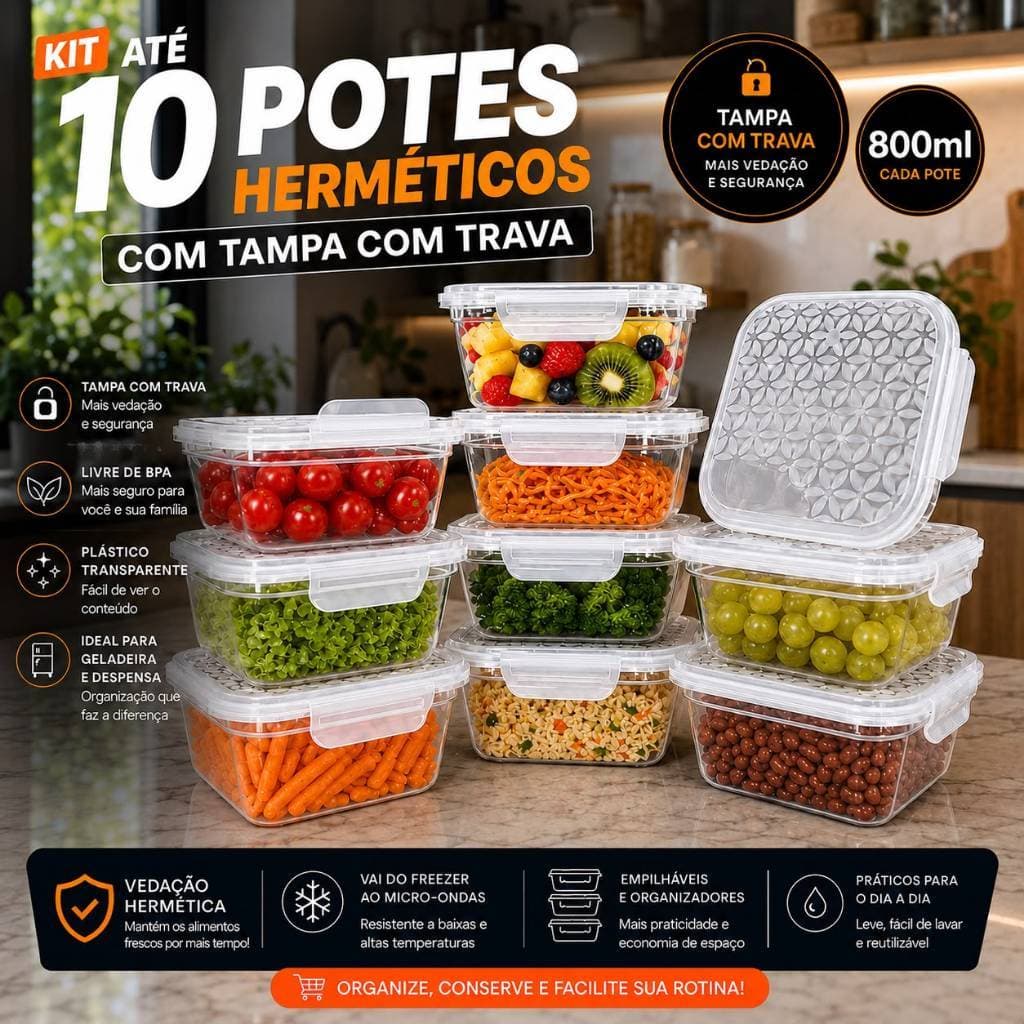 Kit até 10 Potes Herméticos Com Travas 800ml Plástico Transparente
