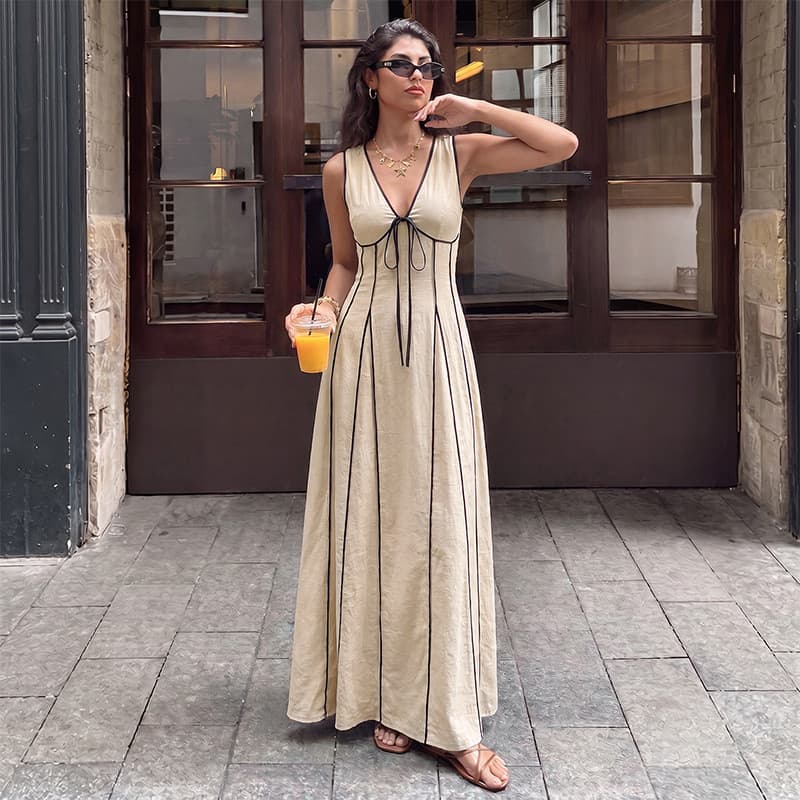 Saia feminina novo estilo francês contraste cor com decote em V amarrado sem mangas vestido de cintura estreita