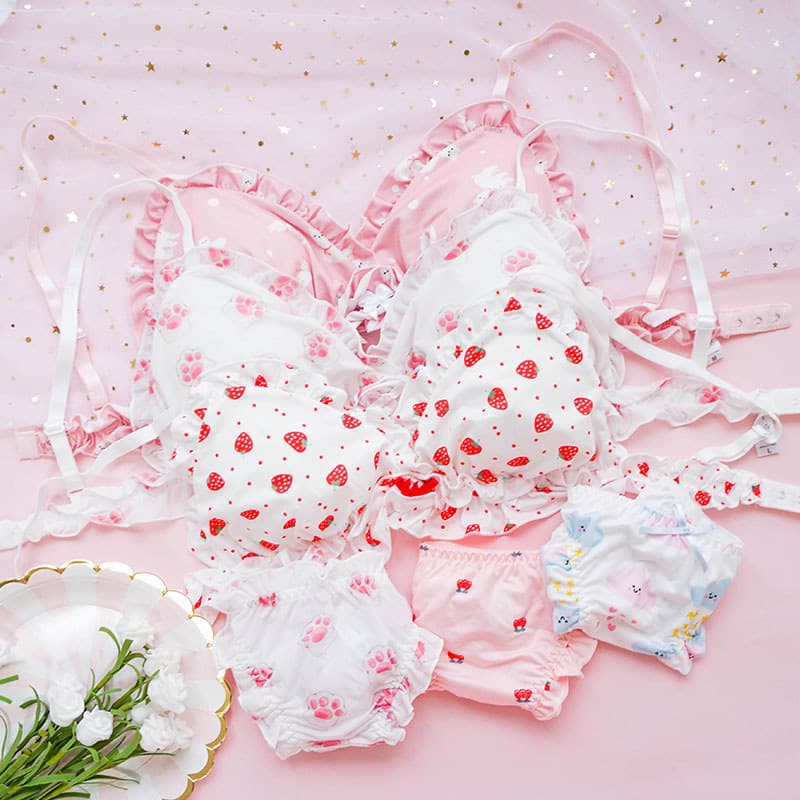 Morango roupa interior bonito rosa flor impressão série leite seda confortável sem fio triângulo copo sutiã conjunto biq