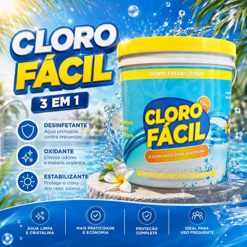 Cloro Fácil 3 em 1 Estabilizado Granulado para Piscina | 10kg | Teor ativo 23% |  Original