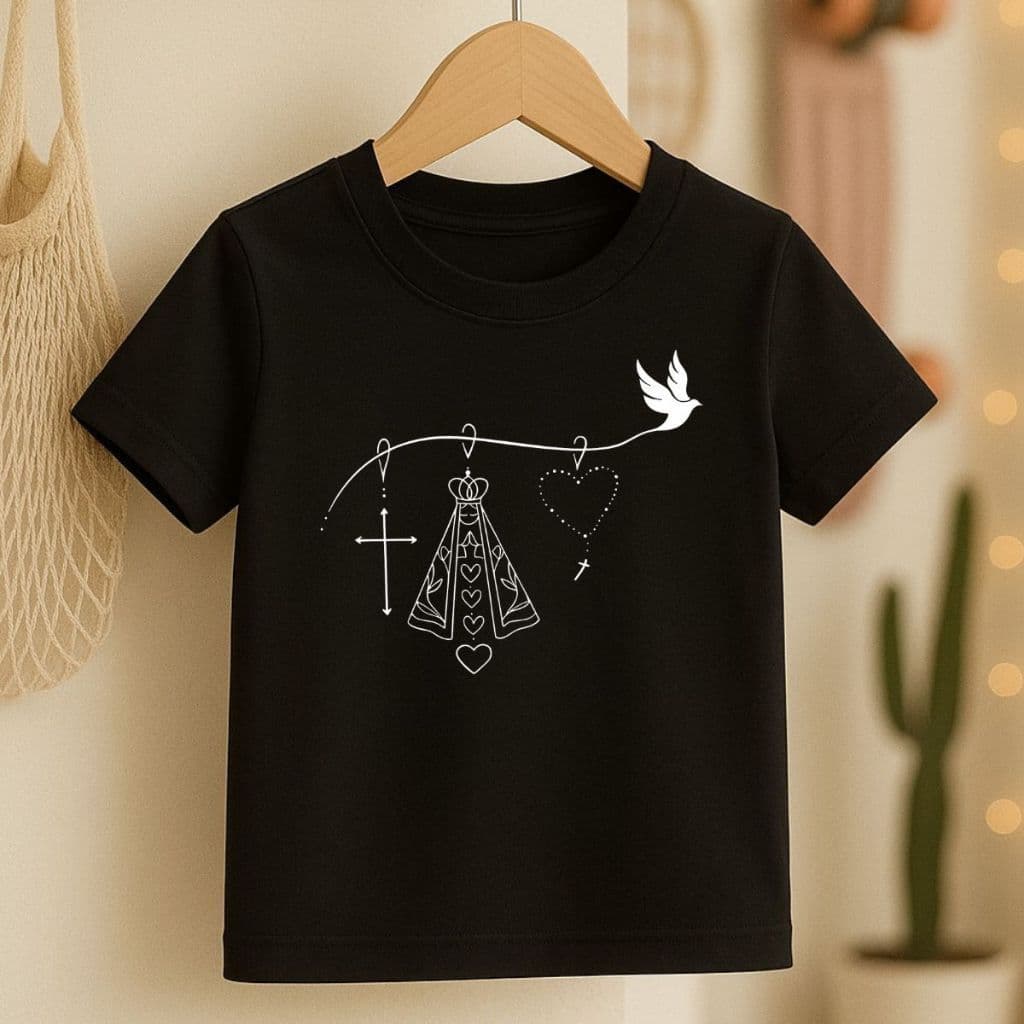 Camiseta Kids Religiosa Nossa Senhora Juvenil Infantil Estampa Católica Proteção Devoção 100% Agodão