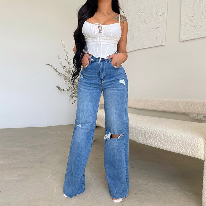 [Estilo mais vendido] Calça Jeans feminina de perna larga rasgada alta [Envio rápido]