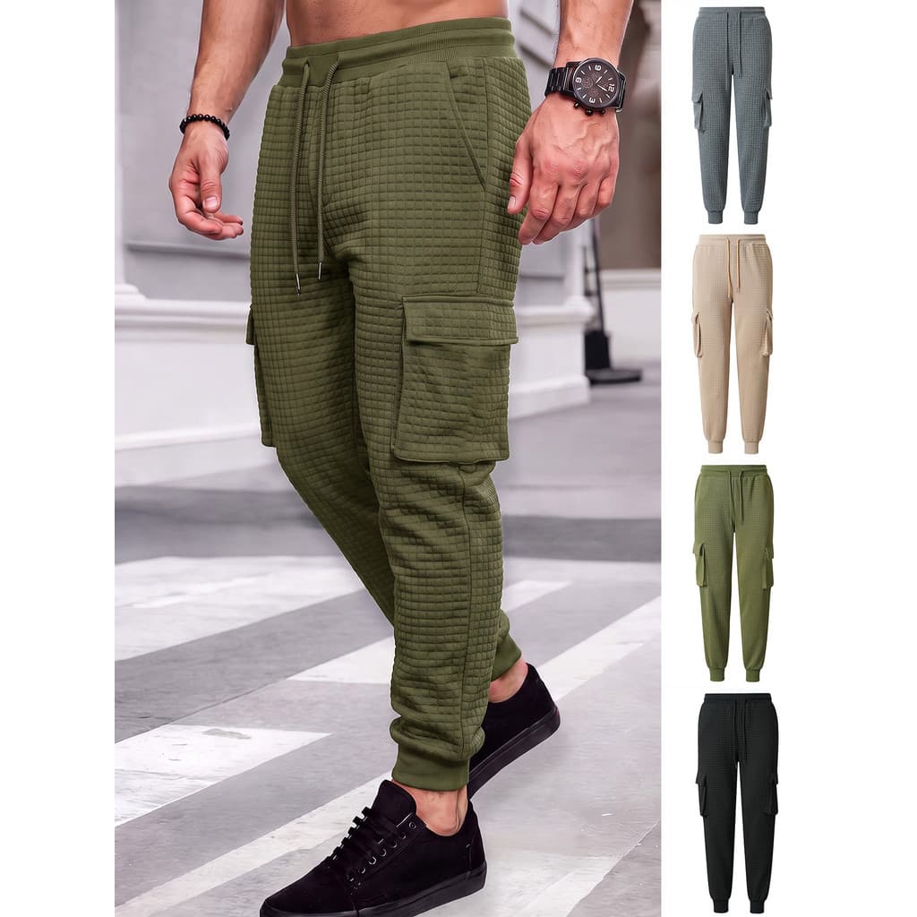 [Estilo mais vendido] Calça geral masculina Waffle com cordão elástico e vários bolsos, calça de moletom esportiva Casua