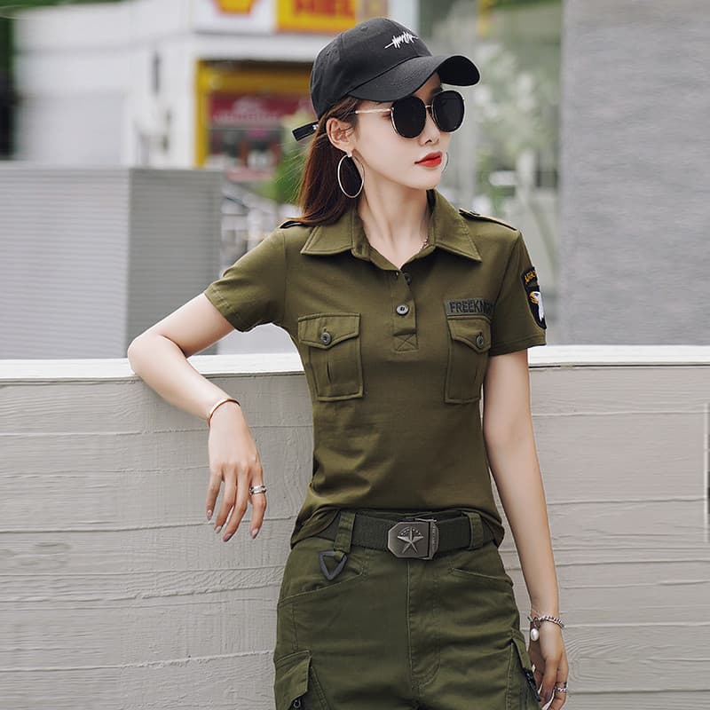 Exército verde lapela de manga curta camiseta feminina camisa polo moda mais magro olhar moda fina esportes marinheiro d