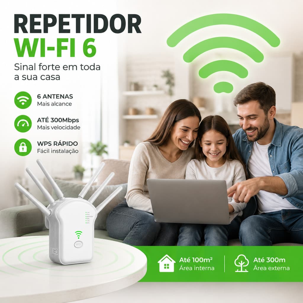 Repetidor WiFi 6 6 Antenas 300Mbps Amplificador de Sinal WPS Roteador
