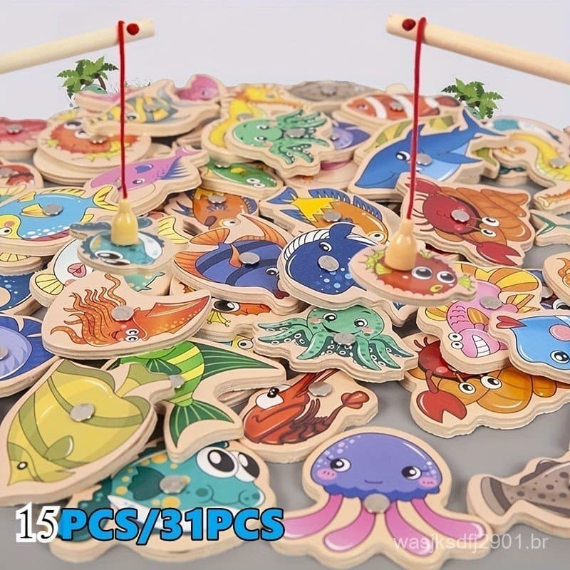 Jogo de pesca de madeira com cores aleatórias, conjunto de brinquedos com design de vida marinha em cores vibrantes, bri