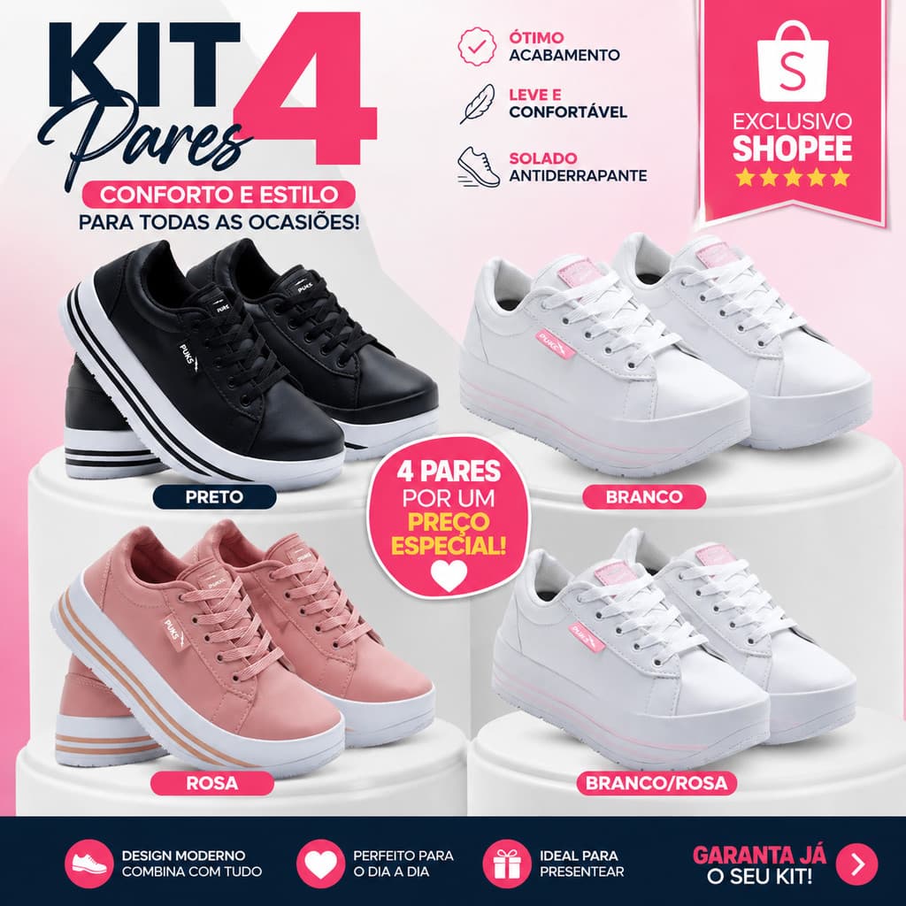 kit 04 pares Tênis feminino lançamento novidade leve confortável casual plataforma top!