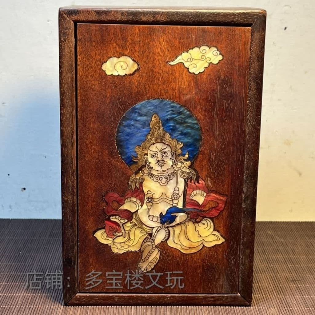 Antigo jacarandá incrustado conchas coloridas Tantric amarelo deus da riqueza estátua de buda puxar caixa de jóias ornam