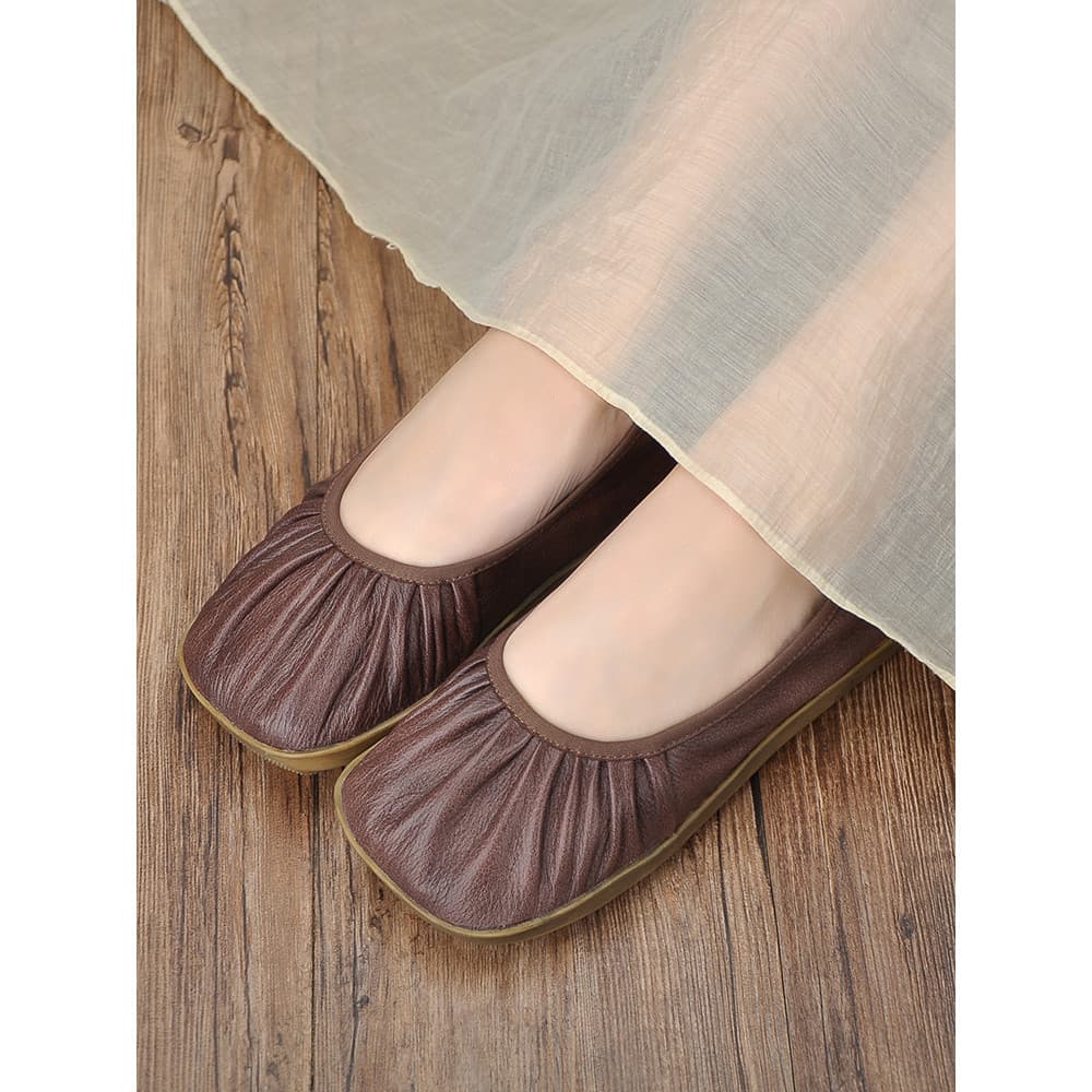 Retro único sapatos femininos primavera verão couro genuíno plana confortável dedo do pé quadrado avó sapatos deslizamen