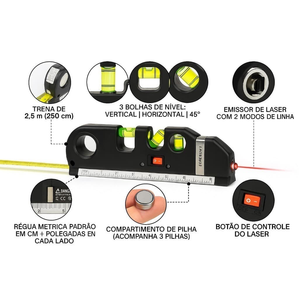 Nivelador Laser Pro3 Trena Metrica 2.5m 3 Modos de Luz Triplo Nível de Bolha Ferramentas Casa Reformas