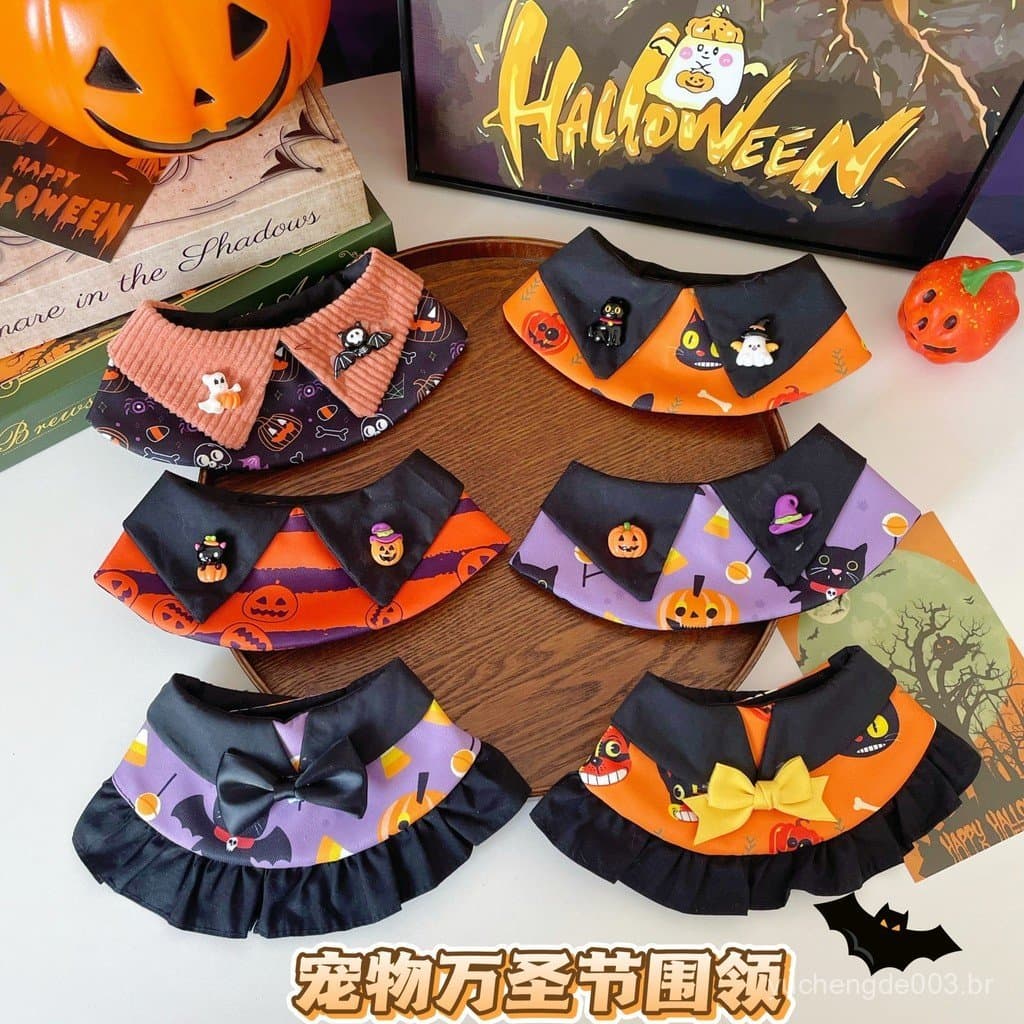 Coleira para animais de estimação com elementos de Halloween para gatos e cães, acessório de pescoço fofo para cães pequ