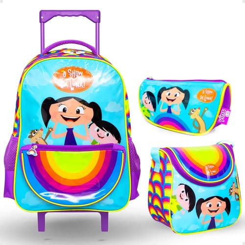 Kit Mochila Escolar de Carrinho Infantil + Lancheira + Estojo Show da Luna Arco-Íris
