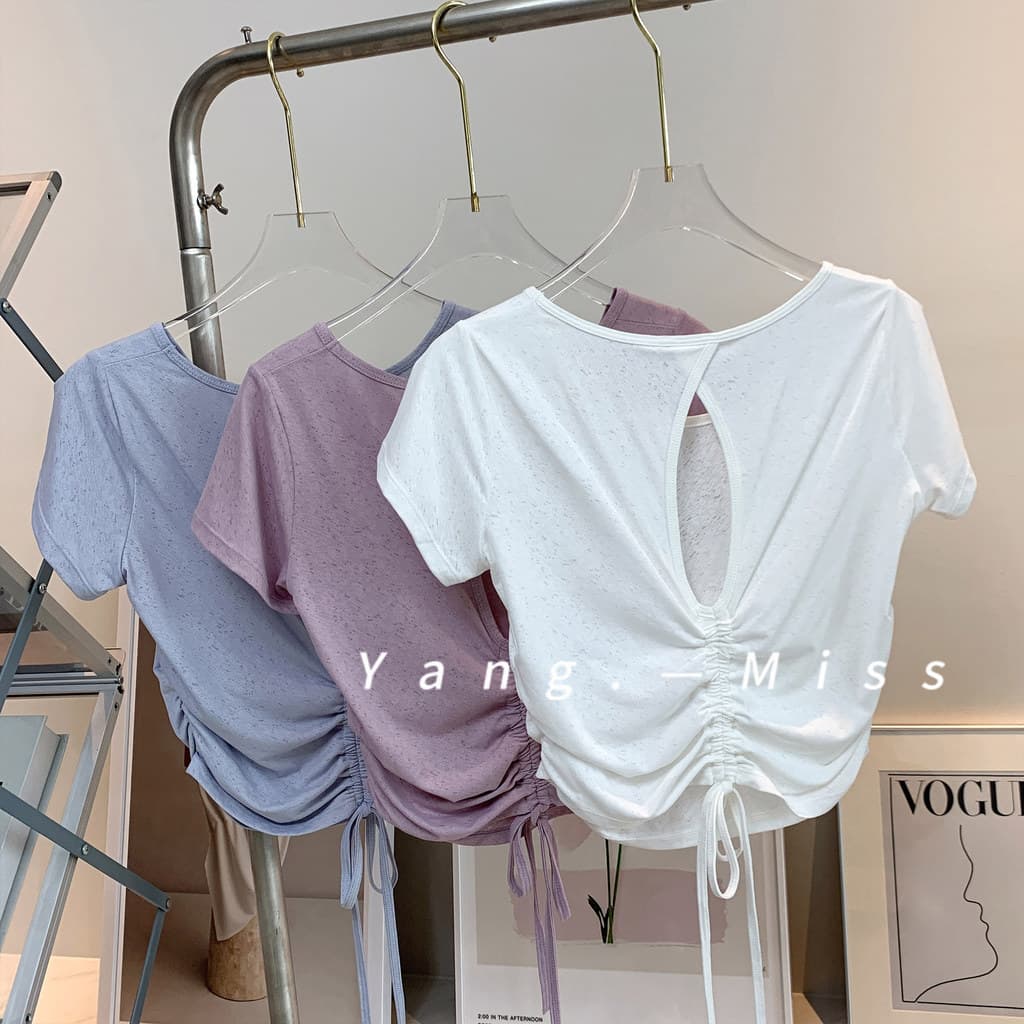 Roupas de yoga de manga curta feminino oco bonito cordão traseiro plissado esportes topo correndo respirável roupas de F