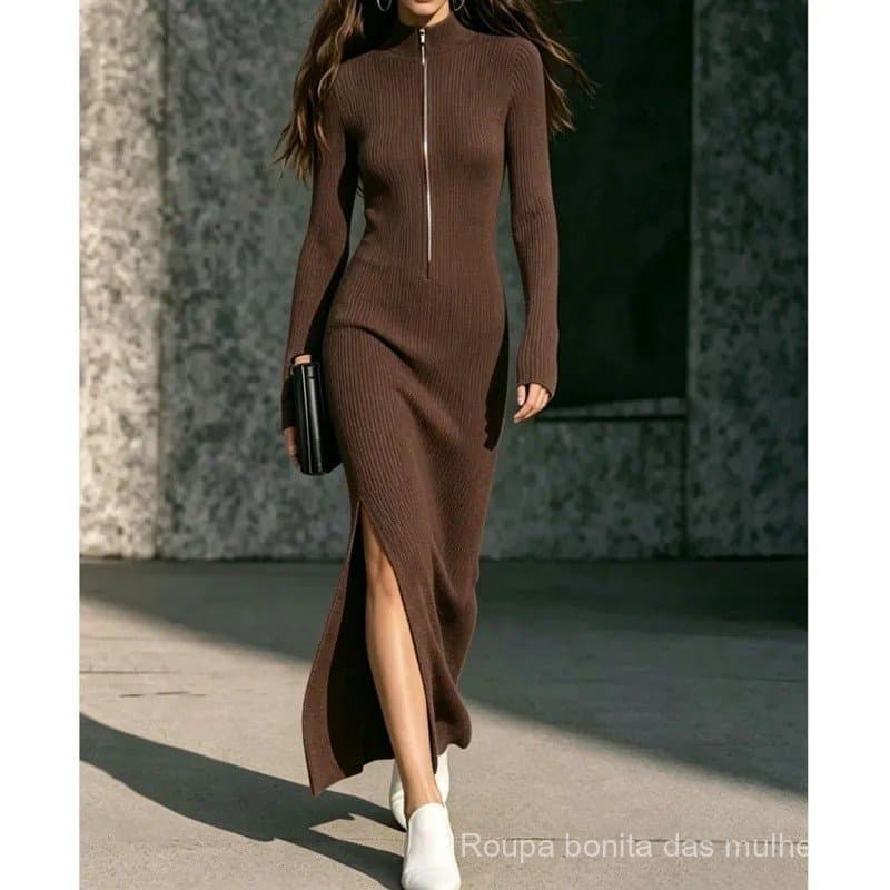 Vestido de Suéter Feminino de Moda com Zíper Semiaberto, Gola Alta, Ajuste Slim, Fenda Lateral, para Outono e Inverno