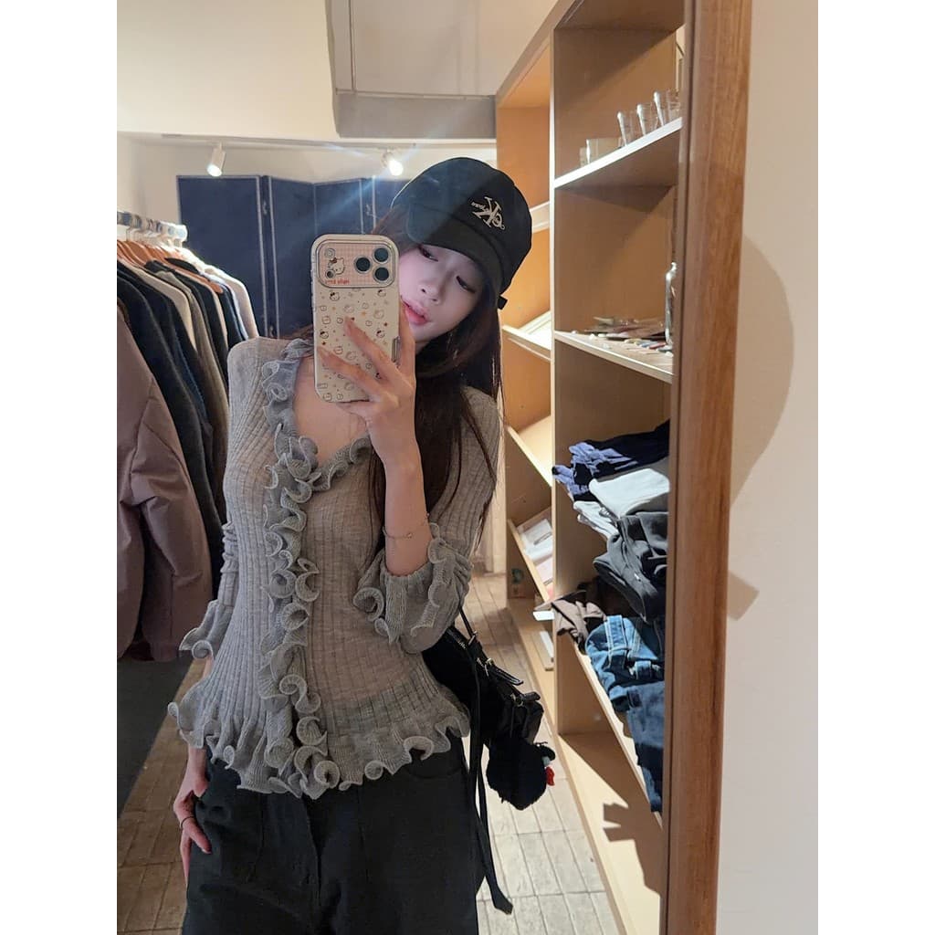 PPHOME Doce Desejo Estilo Cinza Com Decote Em V Fungus Edge Suéter De Manga Comprida Mulheres Início Do Outono Slim-Fit