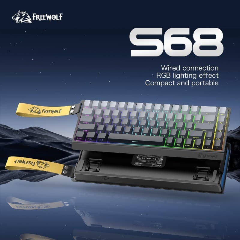 FreeWolf S68 Compact 60 % Teclado De Membrana Ergonômica Silenciosa RGB De 68 Teclas Com Alça De Estamenha