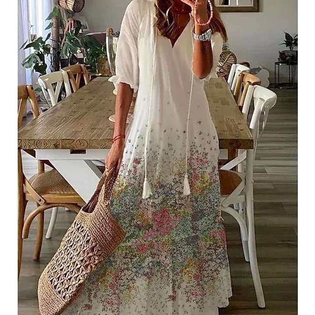 Cross-Border venda quente Casual doce solto com decote em V impresso estilingue vestido longo de manga média feminino es
