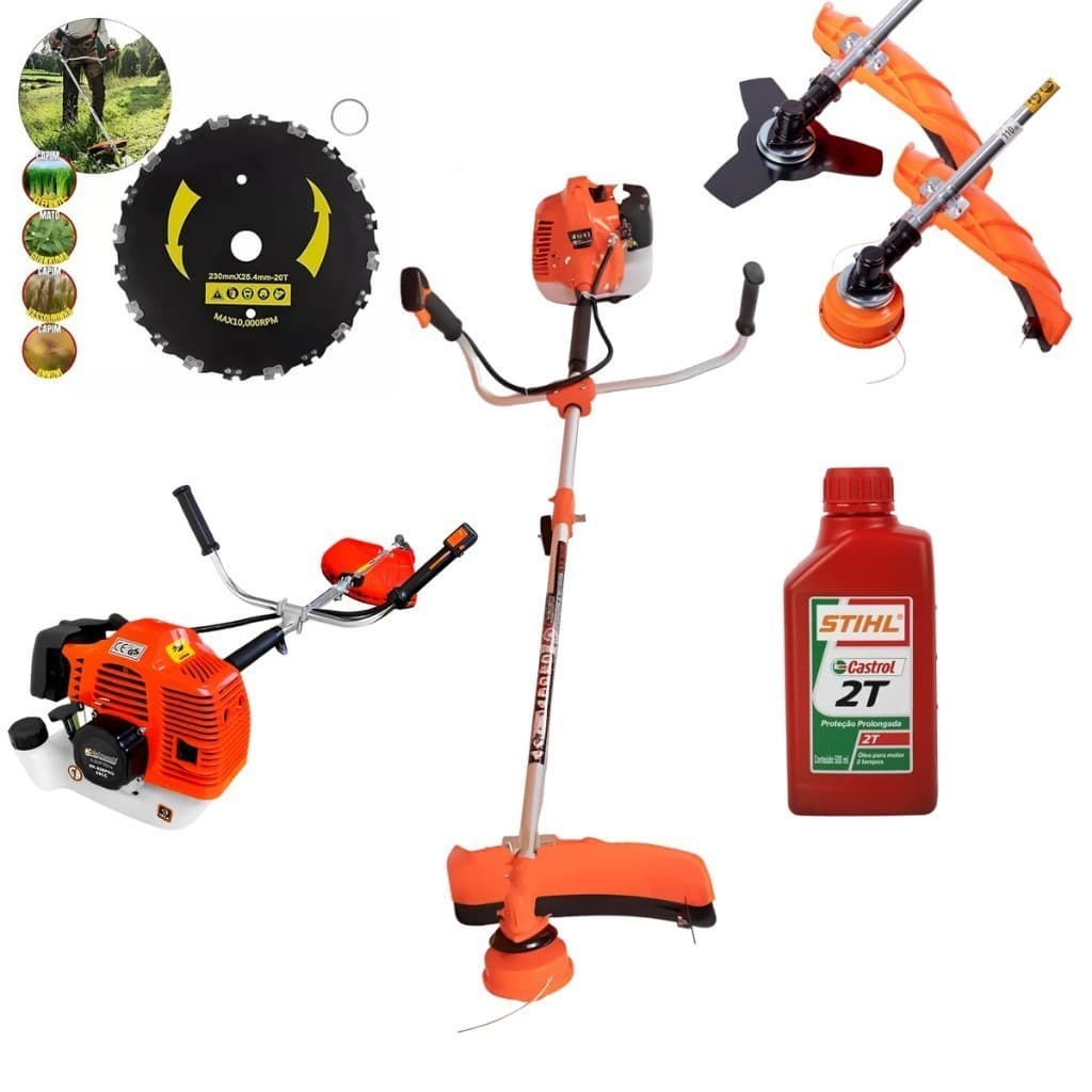 Roçadeira Aparador de Grama Cortador A Gasolina 63cc + Óleo + disco de corrente corta tudo