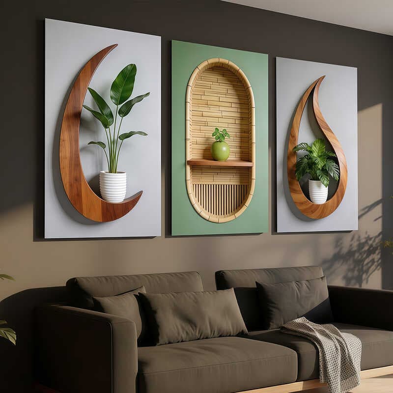 Kit 3 Quadros De 3D Flor Criativo Esculturas Em Madeira Decoração Parede Arte Natural