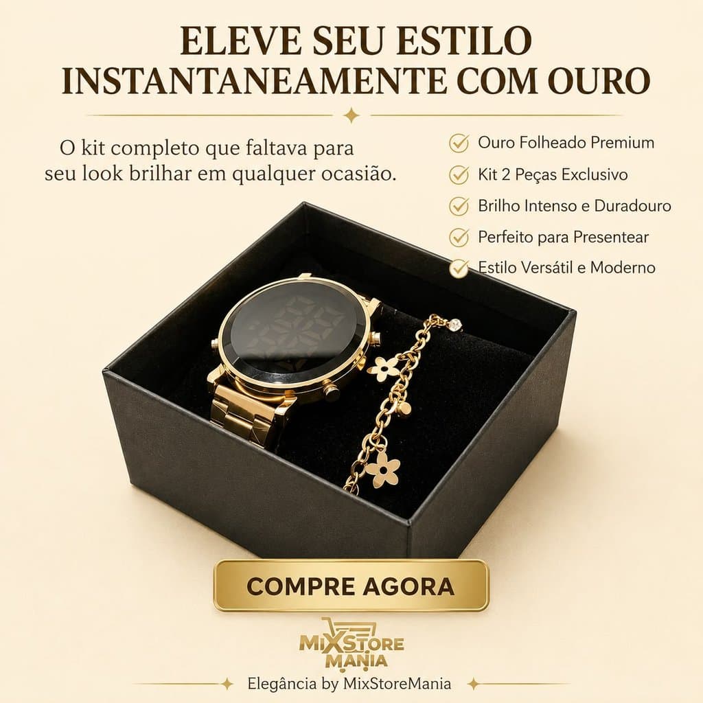 Relógio Feminino Led Digital Kit Redondo Colar + Brinco Pulso Led Prata Preto Dourado