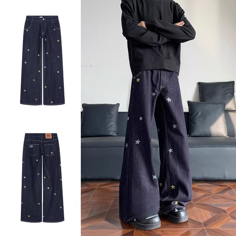Calças masculinas de perna larga azul escuro Calças Jeans Street Wear Calças bordadas com estrela Calças masculinas casu